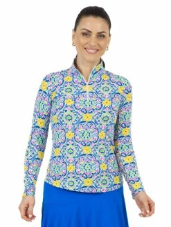 IBKUL Nora Print Long Sleeve Mock Neck Top - Hot Pink Multi