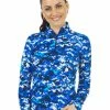 IBKUL Camo Print Long Sleeve Mock Neck Top - Blue/Navy