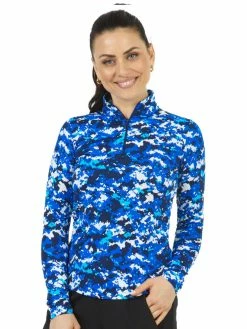 IBKUL Camo Print Long Sleeve Mock Neck Top - Blue/Navy