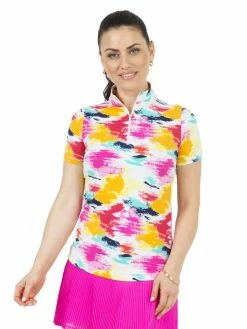 IBKUL Matilda Print Short Sleeve Mock Neck - Hot Pink Multi