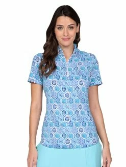 IBKUL Terra Print Short Sleeve Mock Neck - Seafoam/Blue