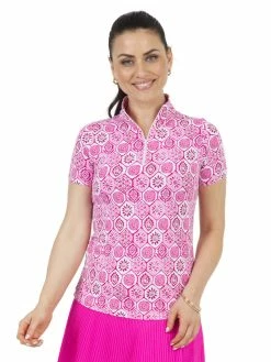 IBKUL Terra Print Short Sleeve Mock Neck - Pink