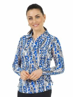 IBKUL Kamila Print Adjustable Long Sleeve Zip Polo - Blue/Black