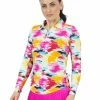 IBKUL Matilda Print Adjustable Long Sleeve Zip Polo - Hot Pink Multi
