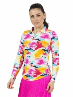 IBKUL Matilda Print Adjustable Long Sleeve Zip Polo - Hot Pink Multi