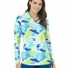 IBKUL Matilda Print Adjustable Long Sleeve Zip Polo - Jade Multi