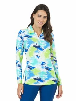 IBKUL Matilda Print Adjustable Long Sleeve Zip Polo - Jade Multi