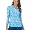 IBKUL Terra Print Adjustable Long Sleeve Zip Polo - Seafoam/Blue