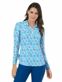 IBKUL Terra Print Adjustable Long Sleeve Zip Polo - Seafoam/Blue