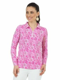IBKUL Terra Print Adjustable Long Sleeve Zip Polo - Pink